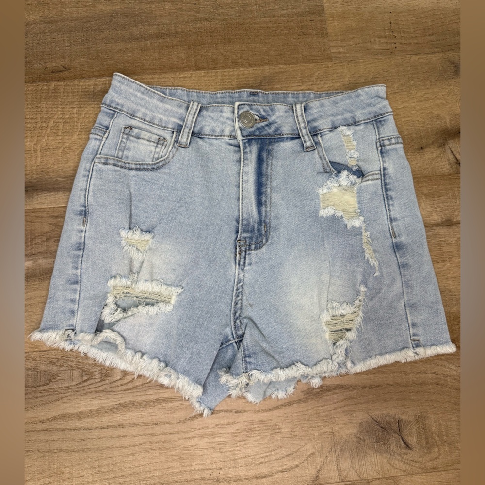 High waisted distressed denim shorts